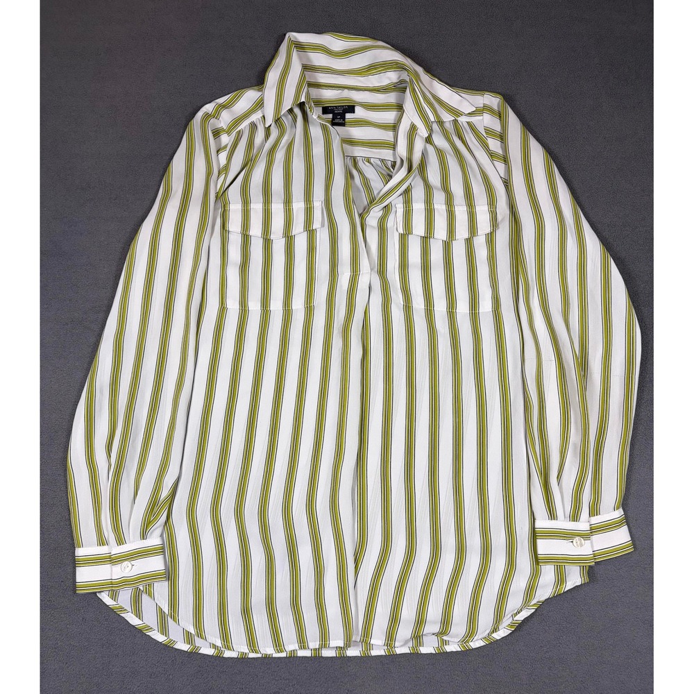 Ann Taylor Factory Top Womens Small Petite White Green Striped Button Up LS